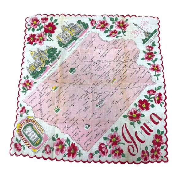 Vtg Retro Ladies Hankie Handkerchief Scalloped Edge Hibiscus Iowa State Map READ - Picture 1 of 10